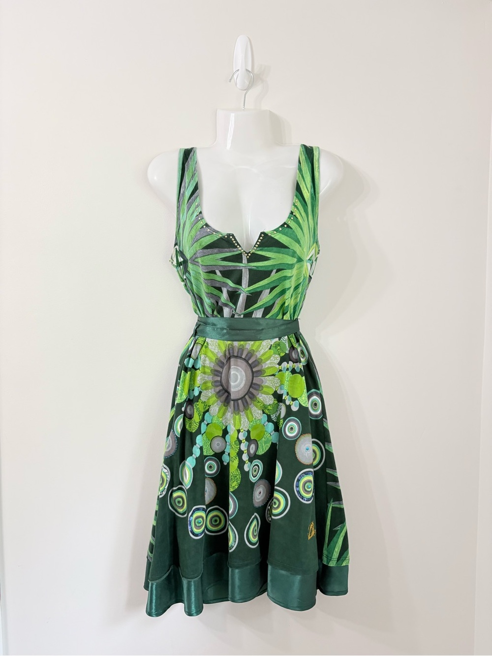 DESIGUAL Art Print Fit & Flare Dress Green Geometric Abstract Euro Chic Artsy M